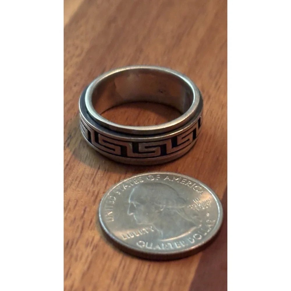 Vintage 925 Sterling Silver Greek Key Fidget Spinner Band Ring US Size 12, 10.8g